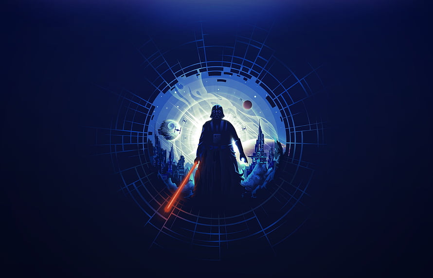 Darth Vader Silhouette with Red Lightsaber in Futuristic Sci-Fi Landscape HD wallpaper