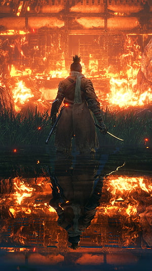 Sekiro Samurai Standing in Water Before a Burning Castle at Night HD phone wallpaper