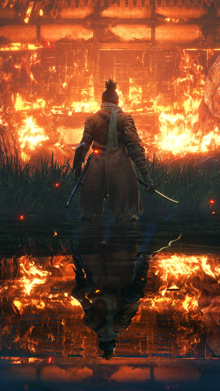 Sekiro Samurai Standing in Water Before a Burning Castle at Night HD phone wallpaper
