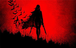 Silhouette of a female warrior holding dual swords against a dramatic red sky with a flock of bats HD wallpaper