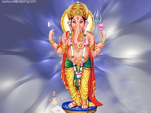 Lord Ganesha Standing with Trident and Lotus in Traditional Indian Art HD wallpaper