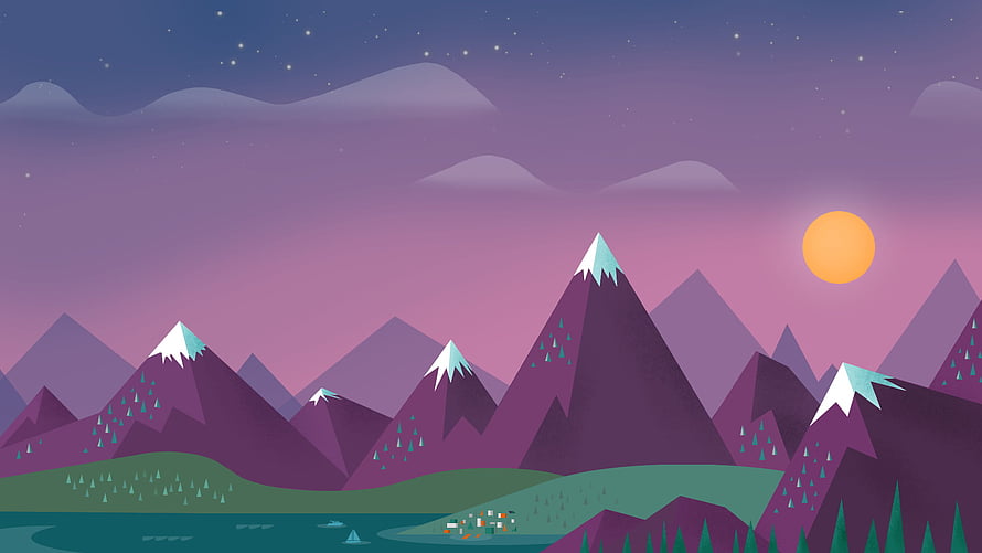 Minimalist Flat Vector Mountain Landscape at Dusk with Snow-Capped Peaks and Lake HD wallpaper