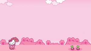 Hello Kitty with Parasol in a Pink Garden with Two Green Frogs HD wallpaper