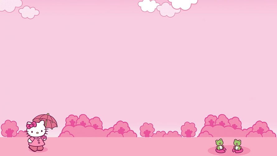 Hello Kitty with Parasol in a Pink Garden with Two Green Frogs HD wallpaper