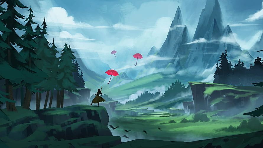 Anime Girl on Cliffside with Floating Red Umbrellas in Misty Mountain Valley HD wallpaper