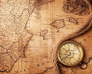 Vintage Nautical Chart with Brass Compass and Rope on Aged Parchment Map HD wallpaper