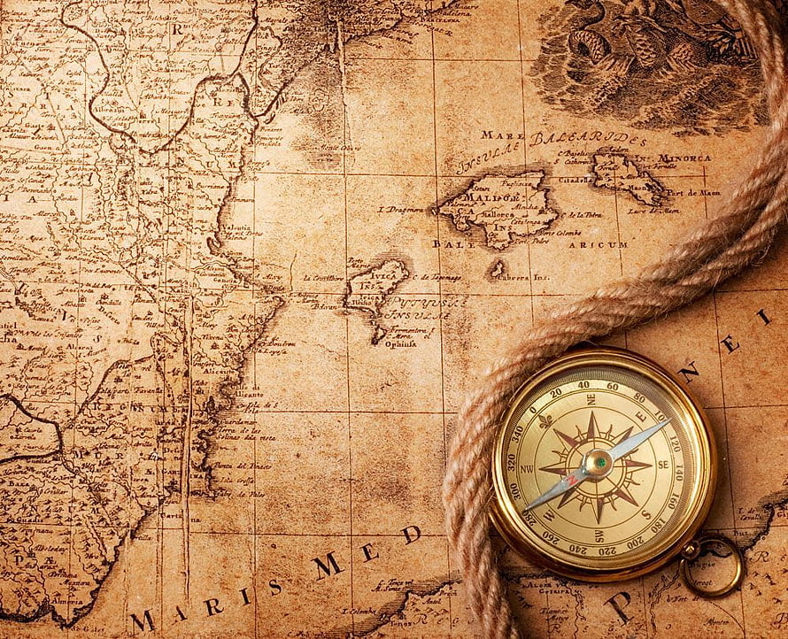 Vintage Nautical Chart with Brass Compass and Rope on Aged Parchment Map HD wallpaper