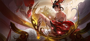 Yu Tan Fantasy Character in Red Attire Seated on Golden Throne with Lanterns HD wallpaper