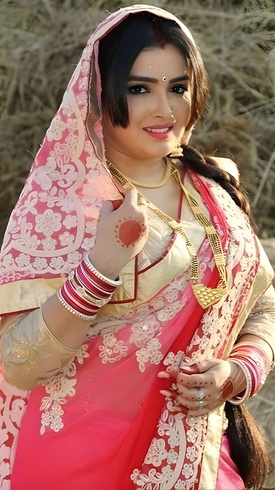 Amarapalli Dubey in Traditional Pink Saree with Gold Jewelry and Henna HD phone wallpaper
