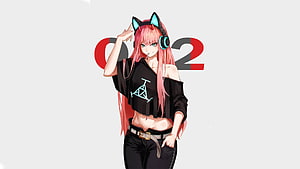 Zero Two from Darling in the Franxx in a stylish black off-shoulder top and cat-ear headphones HD wallpaper