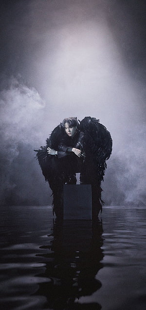 BTS Suga Black Swan Concept Portrait with Dark Feathers and Misty Atmosphere HD phone wallpaper