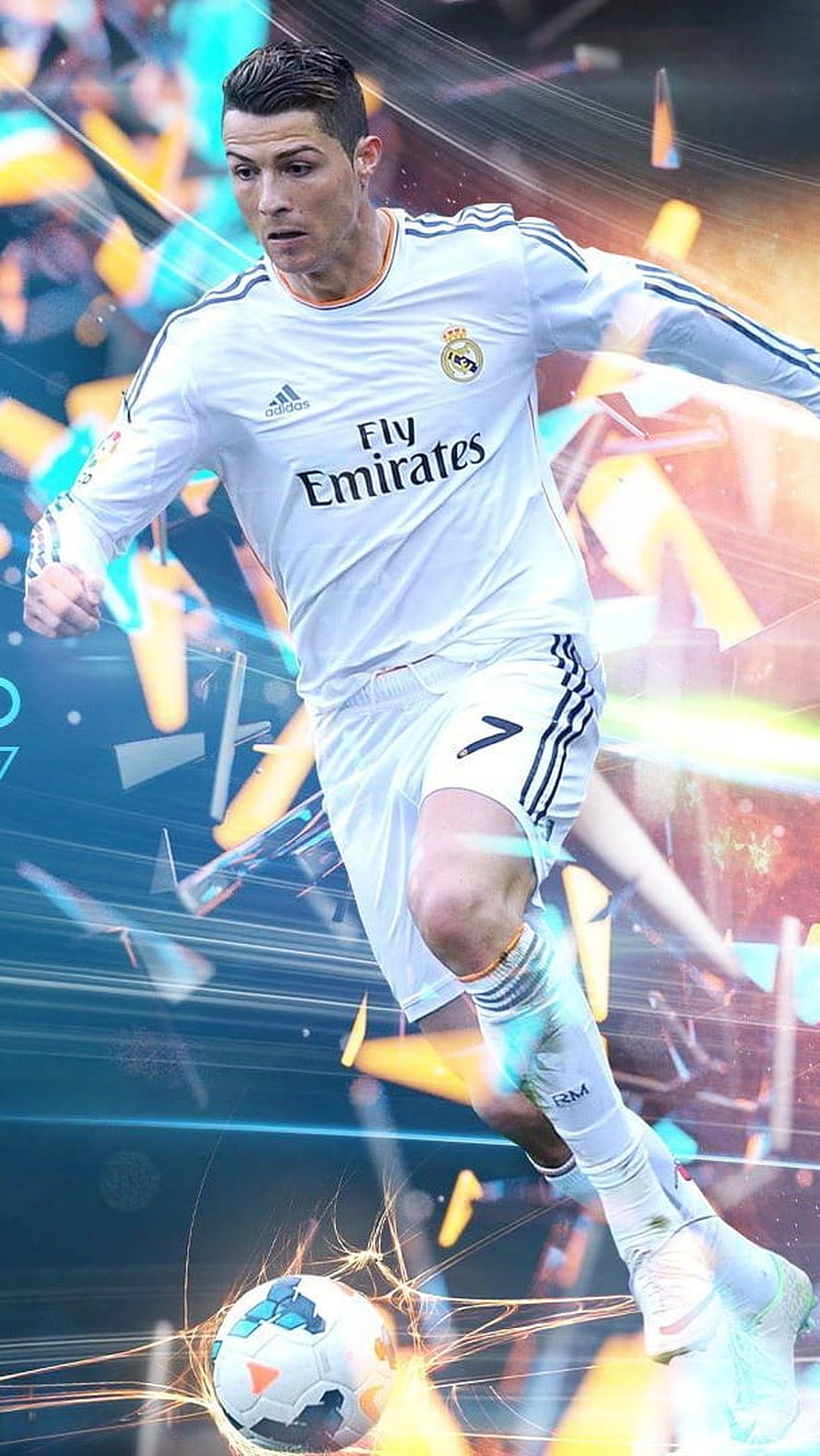 Cristiano Ronaldo in Real Madrid Kit Striking a Soccer Ball with Dynamic Light Effects HD phone wallpaper