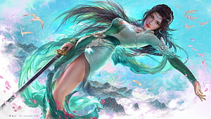 Yun Yun Fantasy Warrior in Flowing Green Robes with Sword and Birds HD wallpaper
