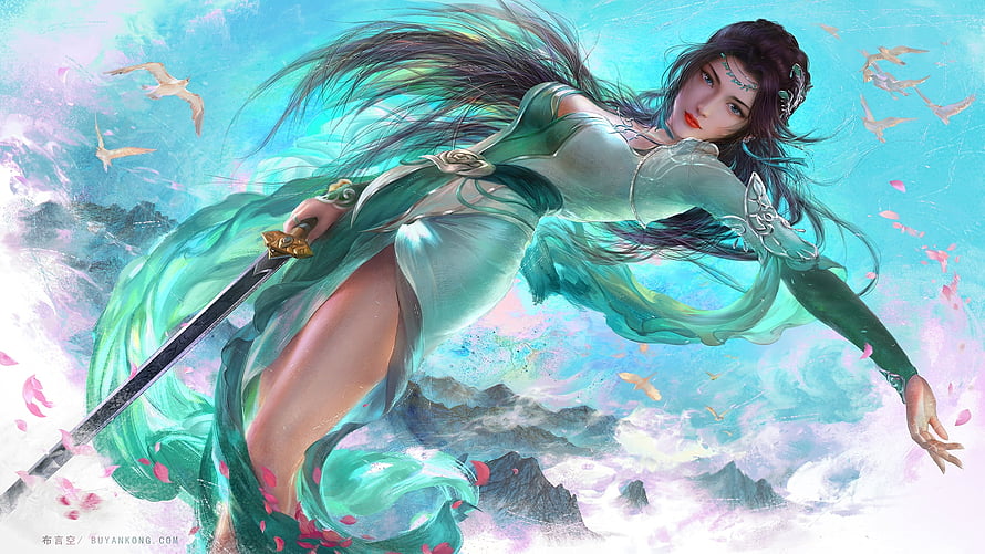 Yun Yun Fantasy Warrior in Flowing Green Robes with Sword and Birds HD wallpaper