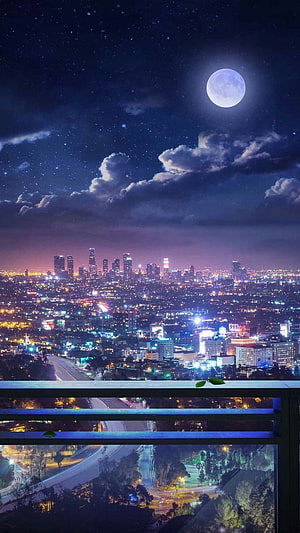Full Moon Over City Skyline at Night with Starry Sky and Clouds HD phone wallpaper