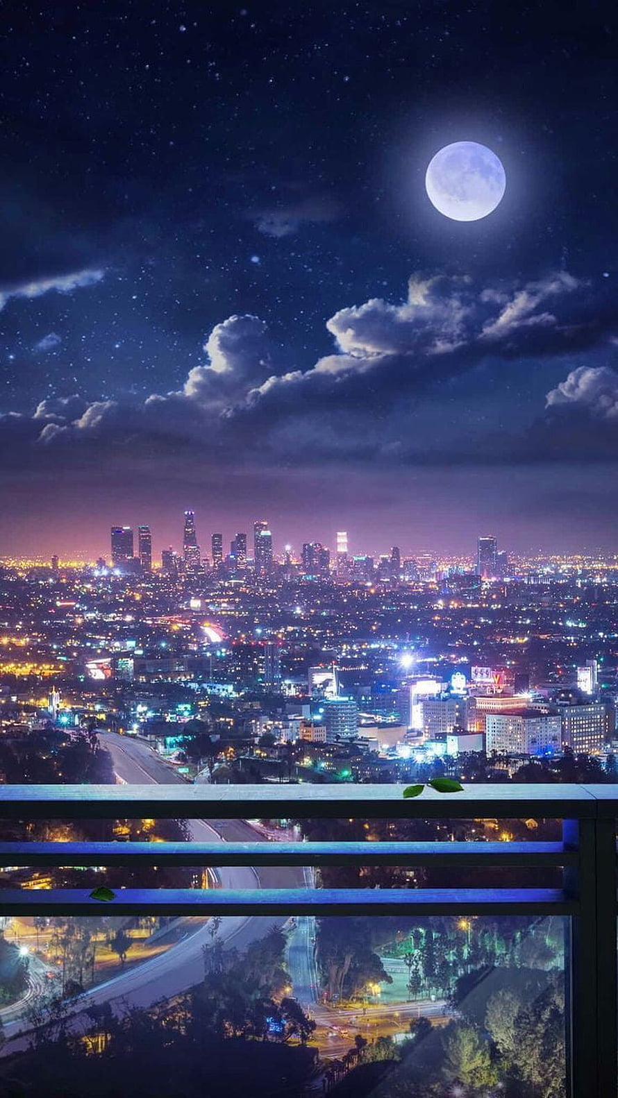 Full Moon Over City Skyline at Night with Starry Sky and Clouds HD phone wallpaper