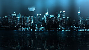 New York City Skyline at Night with Full Moon and Water Reflections HD wallpaper