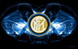 Inter Milan Club Crest on Abstract Blue and Black Digital Background HD wallpaper