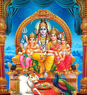 Shiva Parvati Ganesha and Murugan Family Deity Painting with Nandi and Peacock HD phone wallpaper