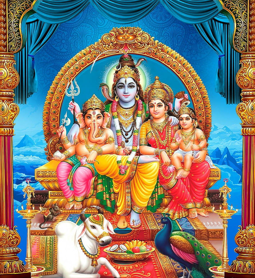 Shiva Parvati Ganesha and Murugan Family Deity Painting with Nandi and Peacock HD phone wallpaper