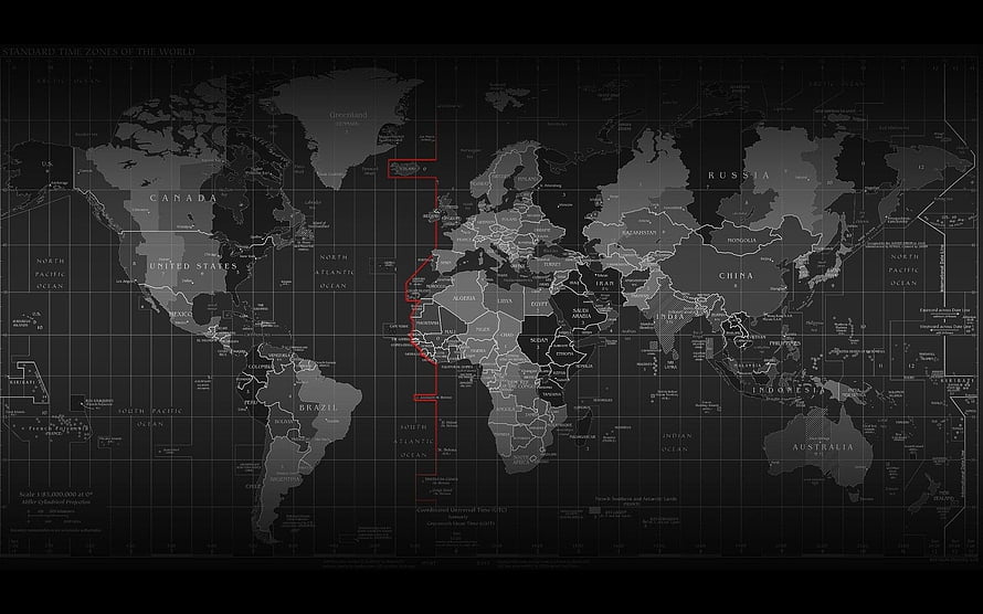 Dark World Map with Time Zones and Country Borders HD wallpaper