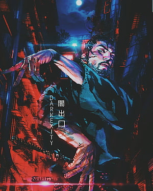 Miyamoto Musashi in a Neon Cyberpunk Alleyway with Moonlight and Sword HD phone wallpaper