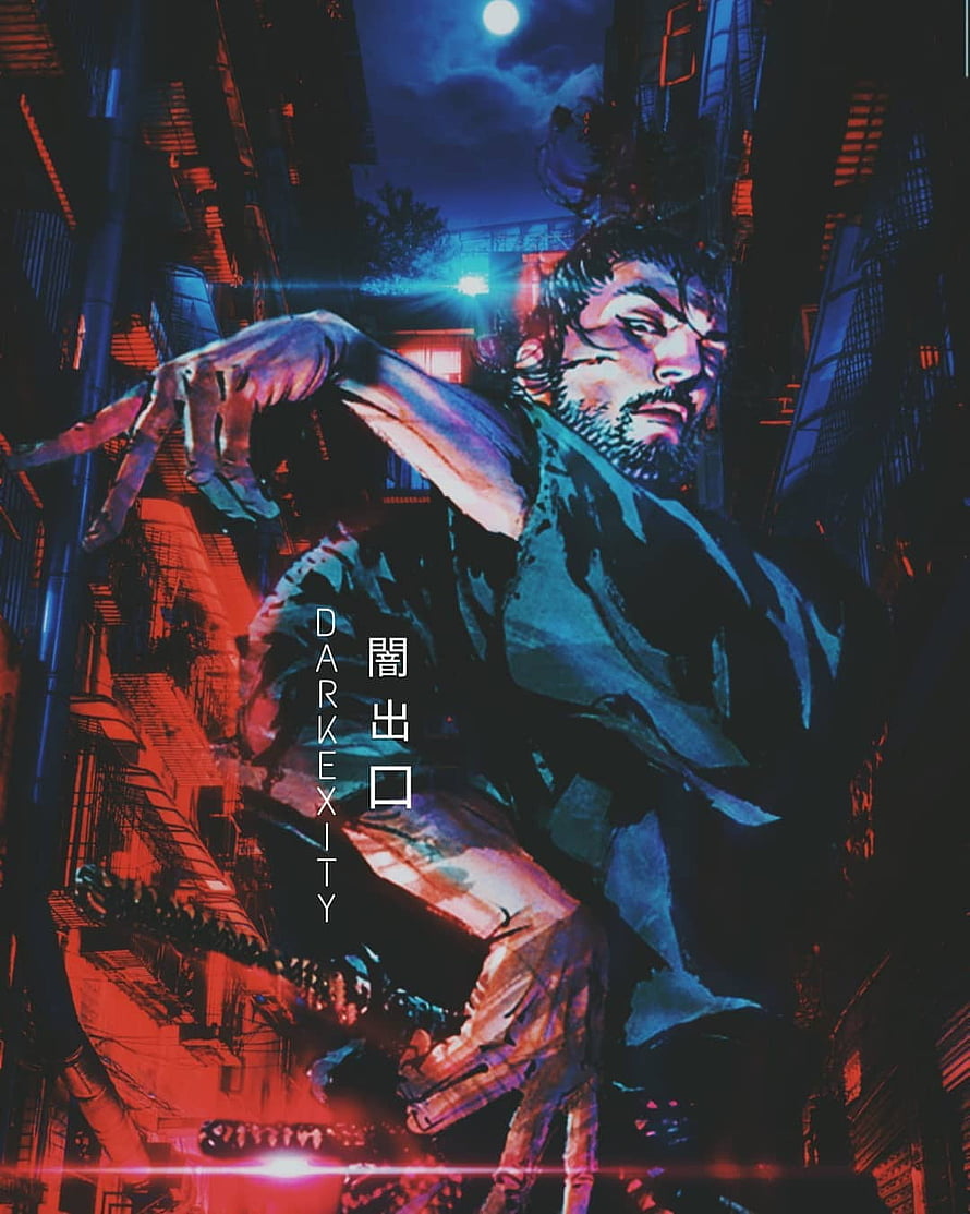 Miyamoto Musashi in a Neon Cyberpunk Alleyway with Moonlight and Sword HD phone wallpaper