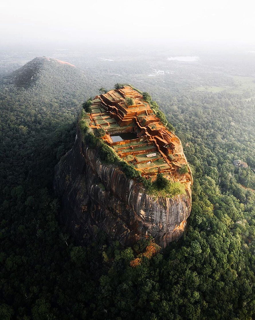 Aerial View of Sigiriya Rock Fortress and Ancient Terraced Gardens in Sri Lanka HD phone wallpaper