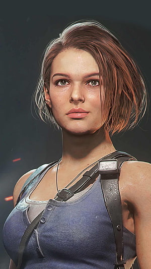 Jill Valentine Portrait from Resident Evil 3 Remake with Tactical Gear and Short Hair HD phone wallpaper