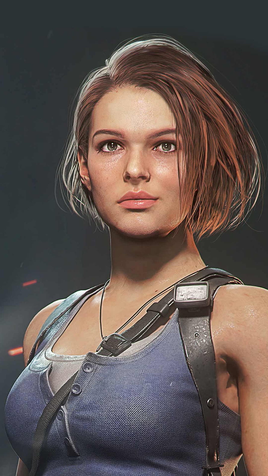 Jill Valentine Portrait from Resident Evil 3 Remake with Tactical Gear and Short Hair HD phone wallpaper