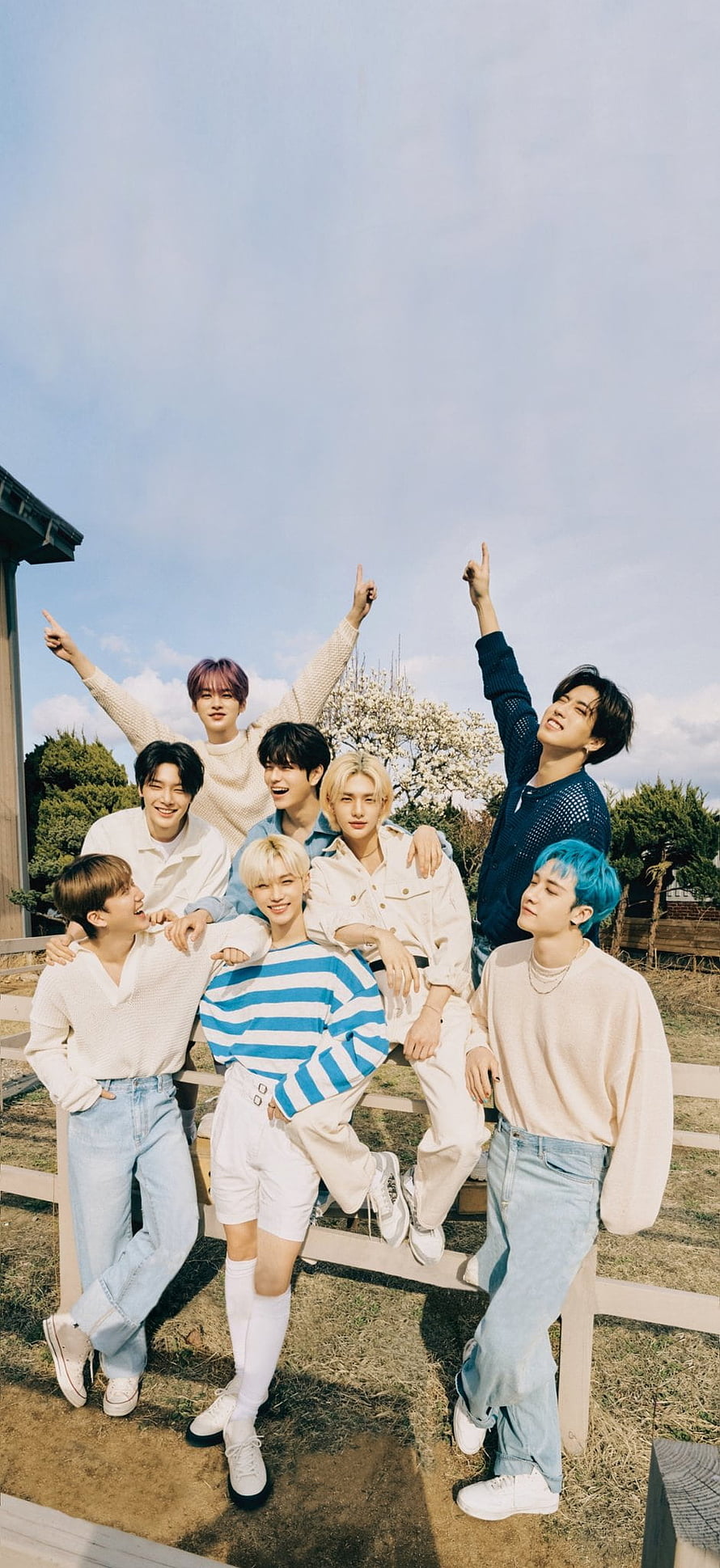 Stray Kids Group Photo Posed On A Wooden Fence Under A Blue Sky With Cherry Blossoms HD phone wallpaper