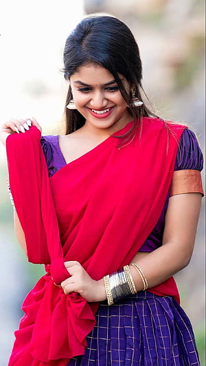 Sanjana Anand in Vibrant Red Saree with Purple Blouse and Traditional Jewelry HD phone wallpaper