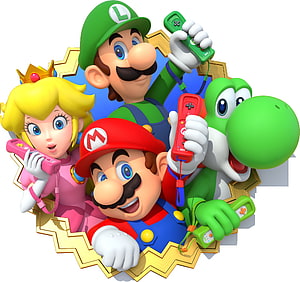 Mario, Luigi, Princess Peach, and Yoshi holding Wii Remotes in a golden starburst frame HD wallpaper