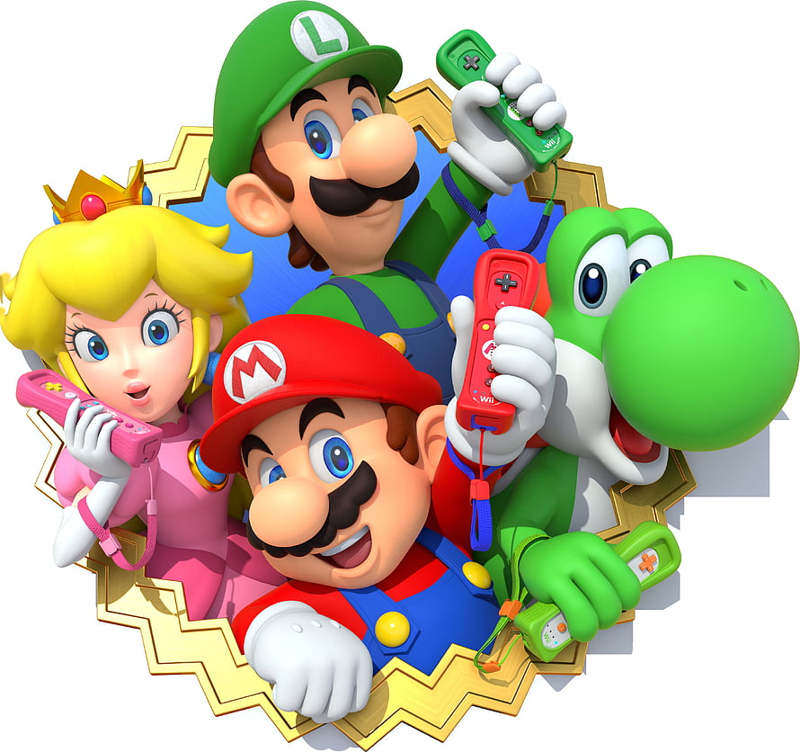 Mario, Luigi, Princess Peach, and Yoshi holding Wii Remotes in a golden starburst frame HD wallpaper