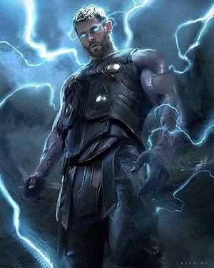 Thor Ragnarok Concept Art Featuring Chris Hemsworth in Dark Armor with Electric Blue Lightning HD phone wallpaper