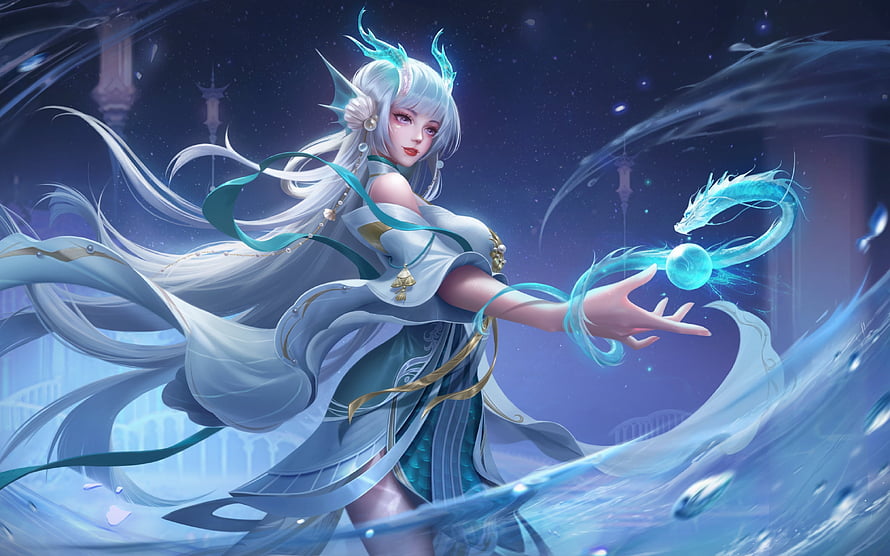 Ethereal Fantasy Woman Channeling Water Dragon Magic in Flowing White Robes HD wallpaper