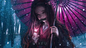 Nezuko Kamado holding a glowing butterfly and pink umbrella in a snowy forest HD wallpaper