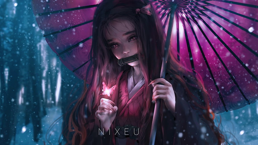 Nezuko Kamado holding a glowing butterfly and pink umbrella in a snowy forest HD wallpaper