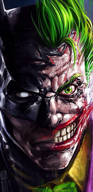 Dark Split-Face Portrait of Batman and the Joker in a Gritty Comic Style HD phone wallpaper