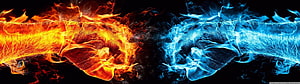 Fire and Ice Fist Clash on Black Background HD wallpaper