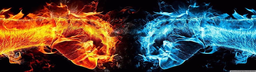 Fire and Ice Fist Clash on Black Background HD wallpaper