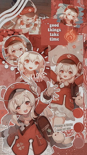 Klee Genshin Impact Anime Collage Wallpaper with Red Outfit and Cute Expressions HD phone wallpaper