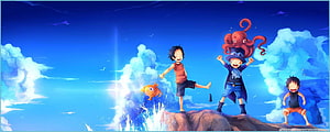 One Piece Young Luffy and Ace Celebrating on a Rocky Outcrop Under a Bright Blue Sky HD wallpaper