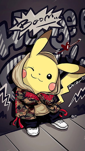 Pikachu in Streetwear Hoodie and Camo Jacket Against Urban Graffiti Wall HD phone wallpaper