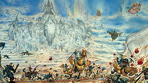 Yoshitaka Amano Final Fantasy Fantasy Battle Scene with Airships and Mythical Creatures HD wallpaper