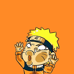 Kawaii Naruto Uzumaki Crying and Screaming with Hands Raised on Orange Background HD phone wallpaper
