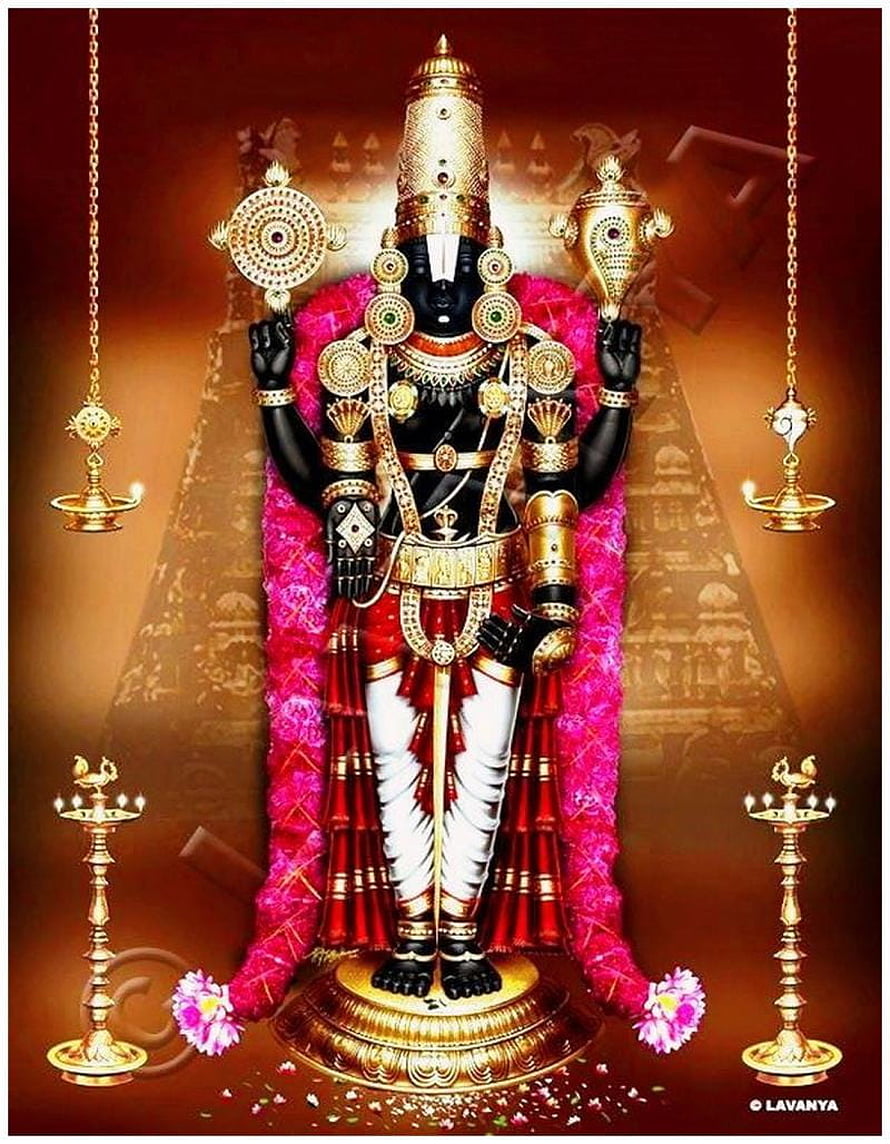 Lord Venkateswara Balaji deity adorned in gold ornaments and vibrant pink garlands HD phone wallpaper