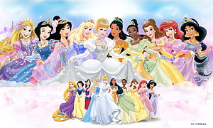 Disney Princess Group Portrait in Elegant Ball Gowns and Crowns HD wallpaper
