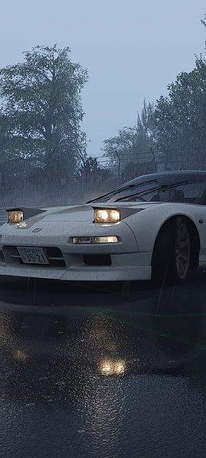 White Honda NSX on Wet Track in Rain with Headlights On HD phone wallpaper