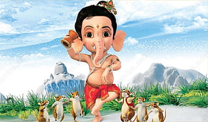 Bal Ganesha Dancing with Mice in a Lush Green Landscape HD wallpaper